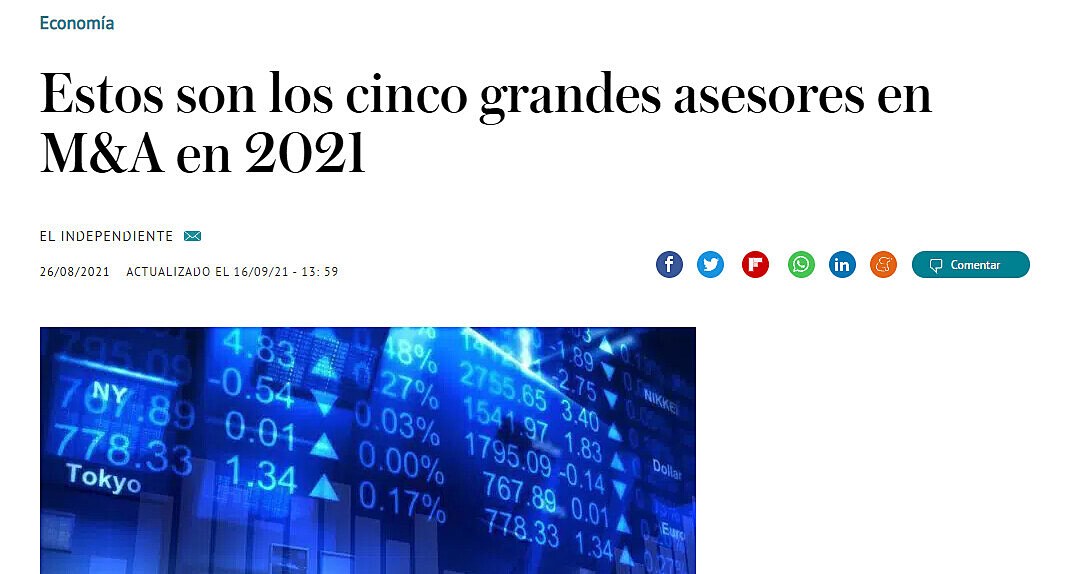 Estos son los cinco grandes asesores en M&A en 2021